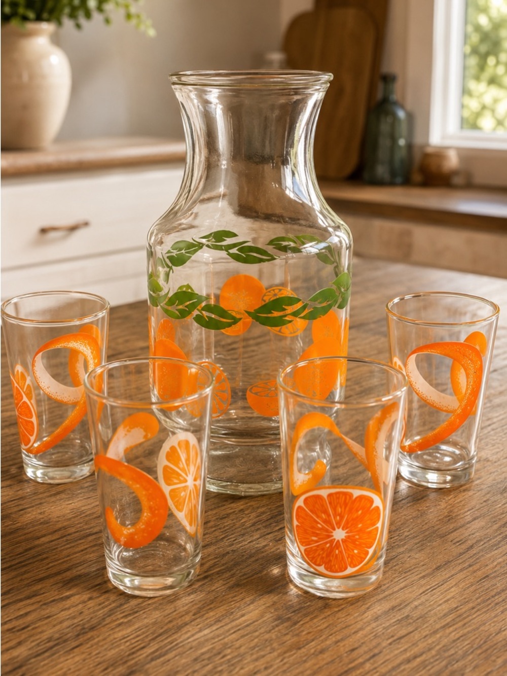 Vintage 1960s Anchor Hocking Citrus Orange Juice Carafe & 4 Juice Glasses MCM - Picture 2 of 15